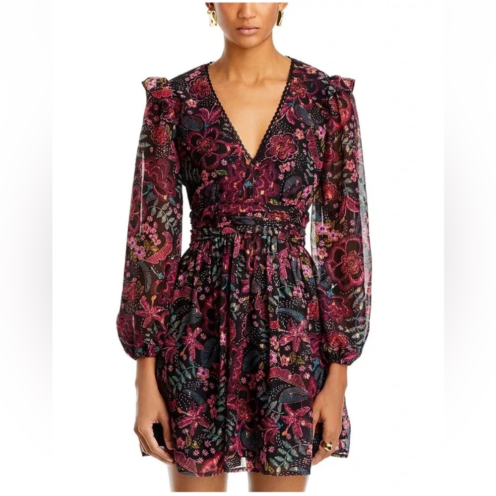 Aqua Floral V-Neck Long-Sleeve Mini Dress in Black and Burgundy